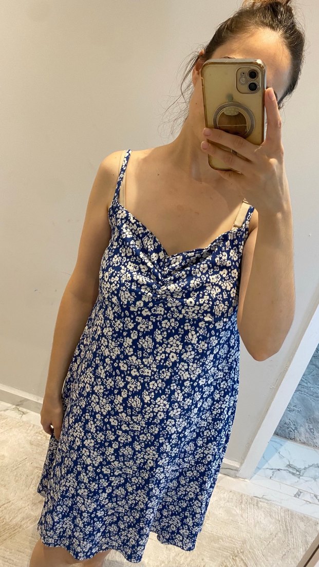 Mavi V Yaka Midi Bohem Elbise - Görsel 2