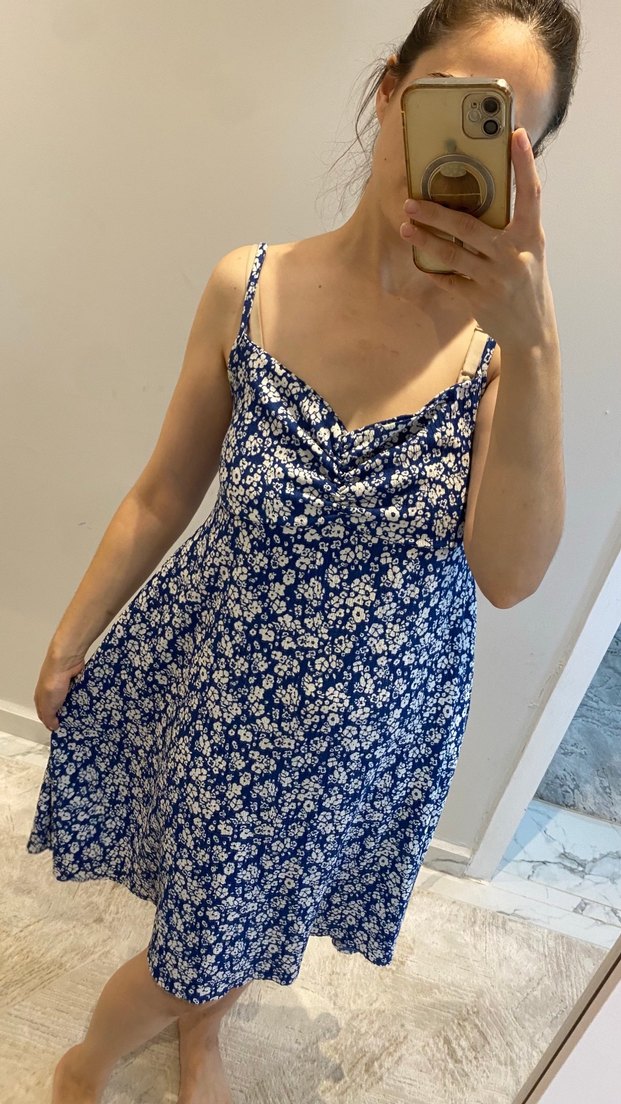 Mavi V Yaka Midi Bohem Elbise - Görsel 3