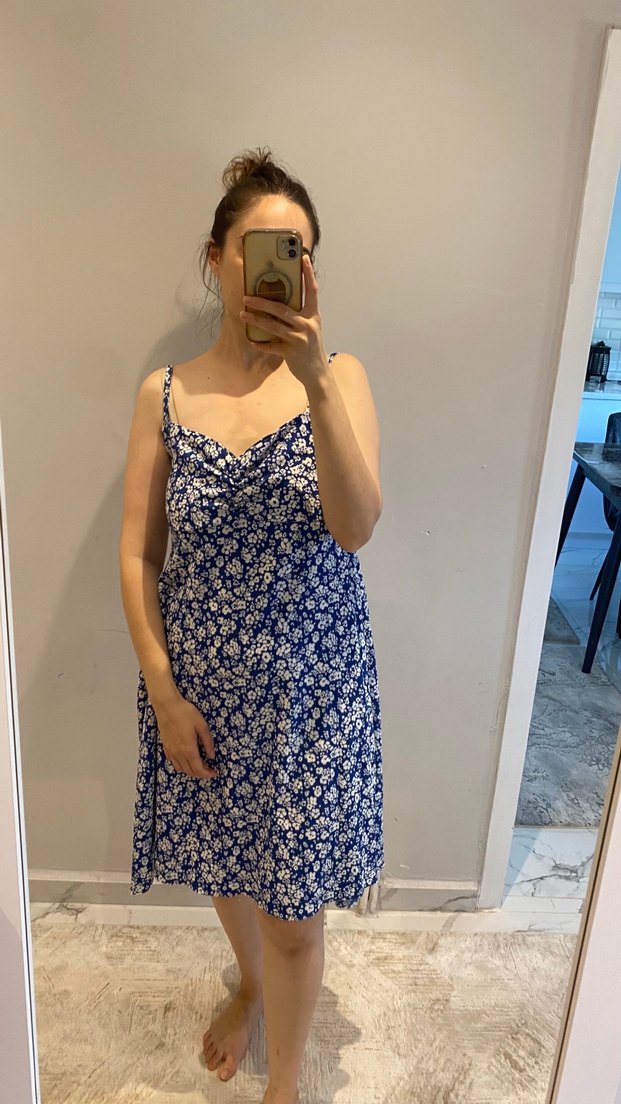 Mavi V Yaka Midi Bohem Elbise - Görsel 4