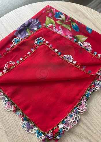 İğne Oyası  Kenarlı Kırmızı Bohem Kadın Başörtüsü - Görsel 3