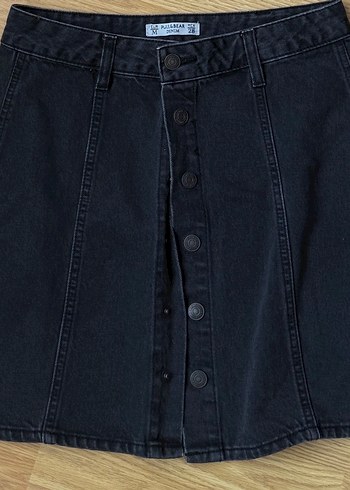 Düğmeli Siyah Denim Midi Etek