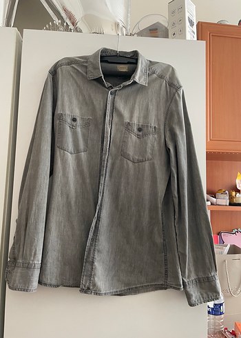 Gri Denim Erkek Gömlek Uzun Kollu Regular Fit