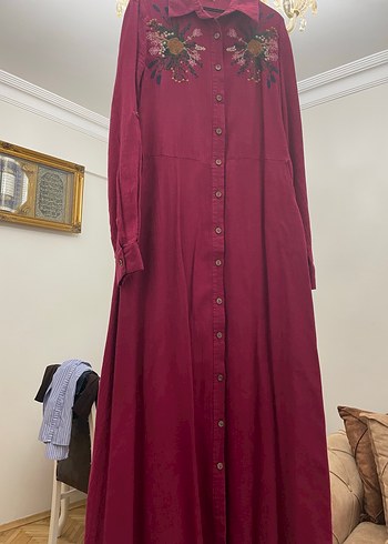 Bordo Nakışlı Uzun Bohem Elbise