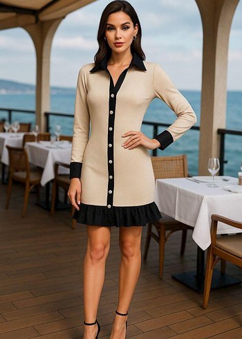 Bej Düğmeli Mini Triko Elbise - Görsel 7