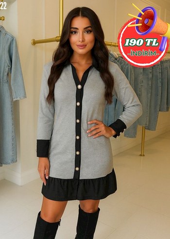 Bej Düğmeli Mini Triko Elbise - Görsel 6