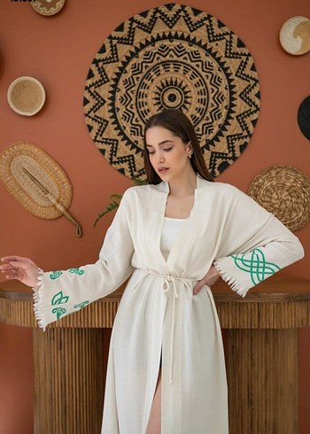 Kahverengi Baskı Detay Keten Sabahlık - Görsel 2