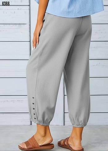 Kadın beli lastikli bağcıklı düğme detaylı pantolon - Görsel 3