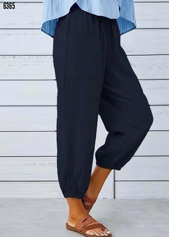 Kadın beli lastikli bağcıklı düğme detaylı pantolon - Görsel 7