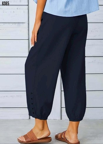 Kadın beli lastikli bağcıklı düğme detaylı pantolon - Görsel 9
