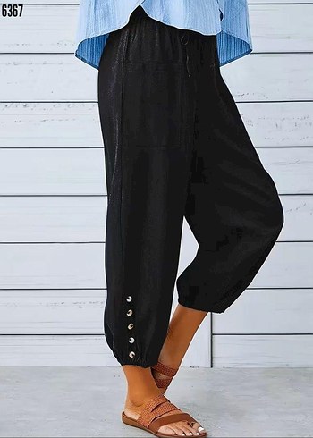 Kadın beli lastikli bağcıklı düğme detaylı pantolon - Görsel 5