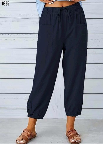 Kadın beli lastikli bağcıklı düğme detaylı pantolon - Görsel 8