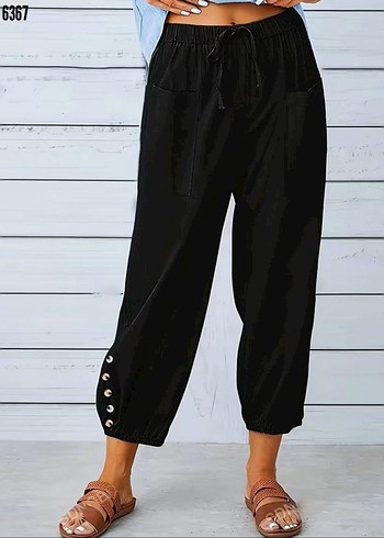 Kadın beli lastikli bağcıklı düğme detaylı pantolon - Görsel 6