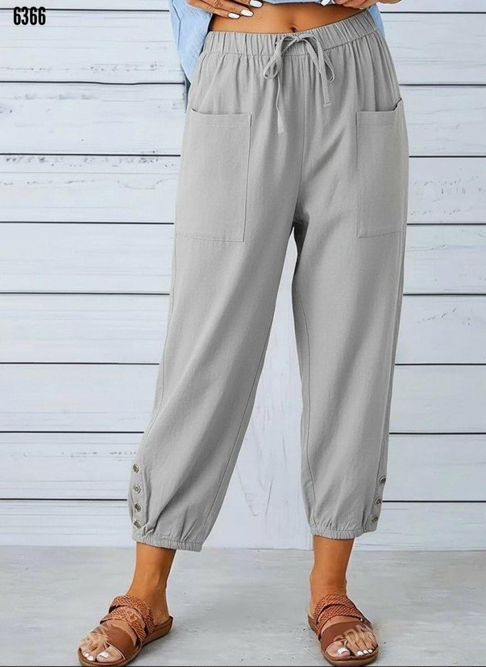 Kadın beli lastikli bağcıklı düğme detaylı pantolon - Görsel 2