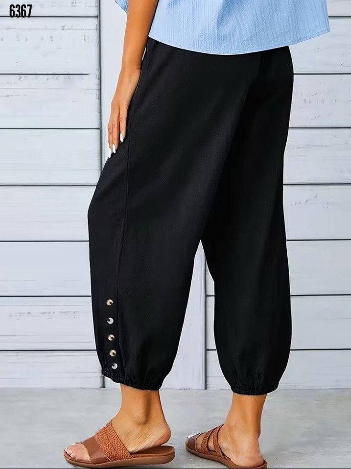 Kadın beli lastikli bağcıklı düğme detaylı pantolon - Görsel 4