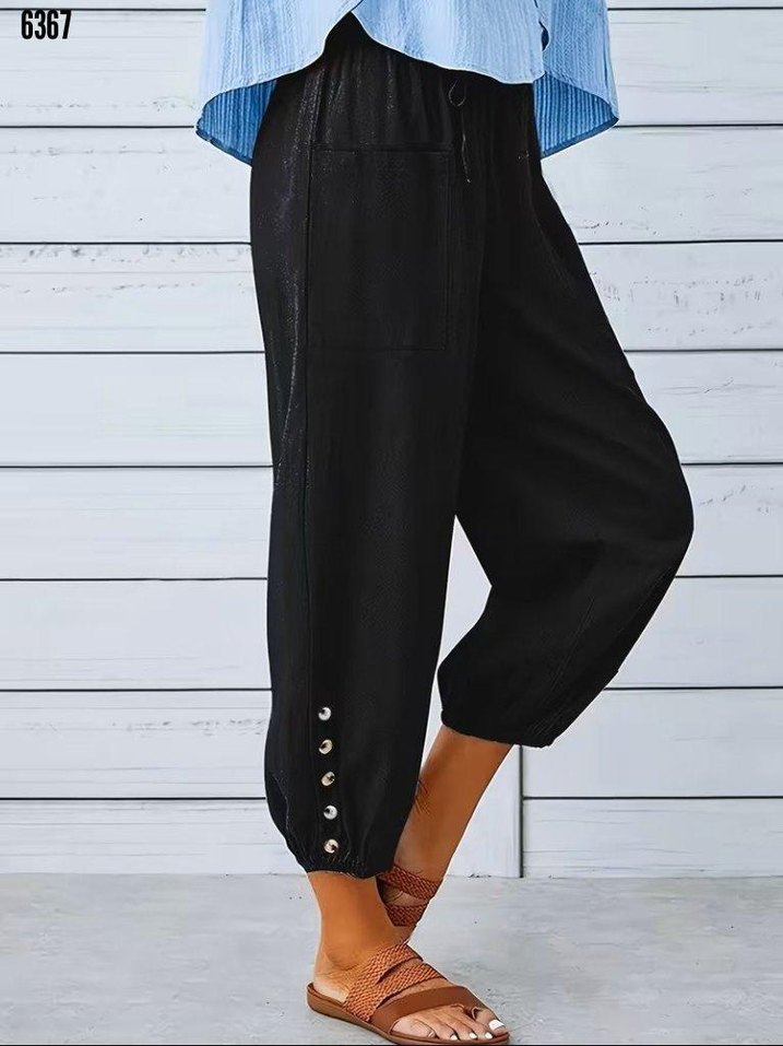 Kadın beli lastikli bağcıklı düğme detaylı pantolon - Görsel 5