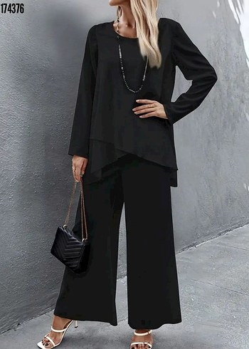 Kadın uzun kollu asimetrik detaylı salaş sandy bluz ve pantolon - Görsel 2