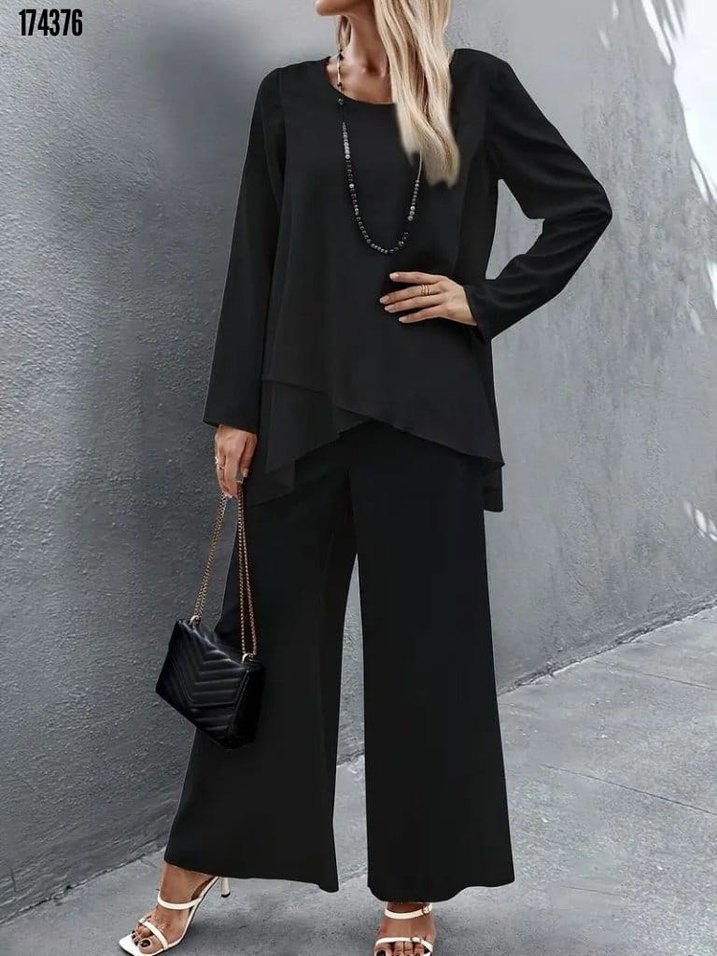 Kadın uzun kollu asimetrik detaylı salaş sandy bluz ve pantolon - Görsel 2