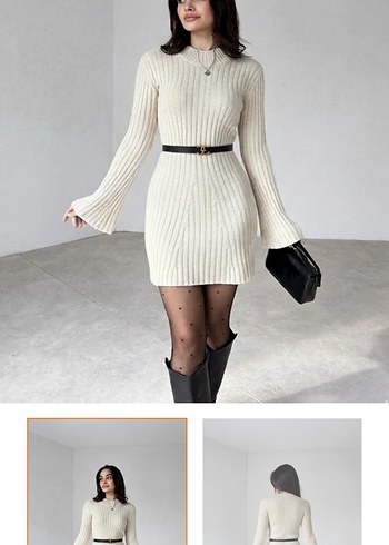 Beyaz Fitilli Midi Triko Elbise - Görsel 2