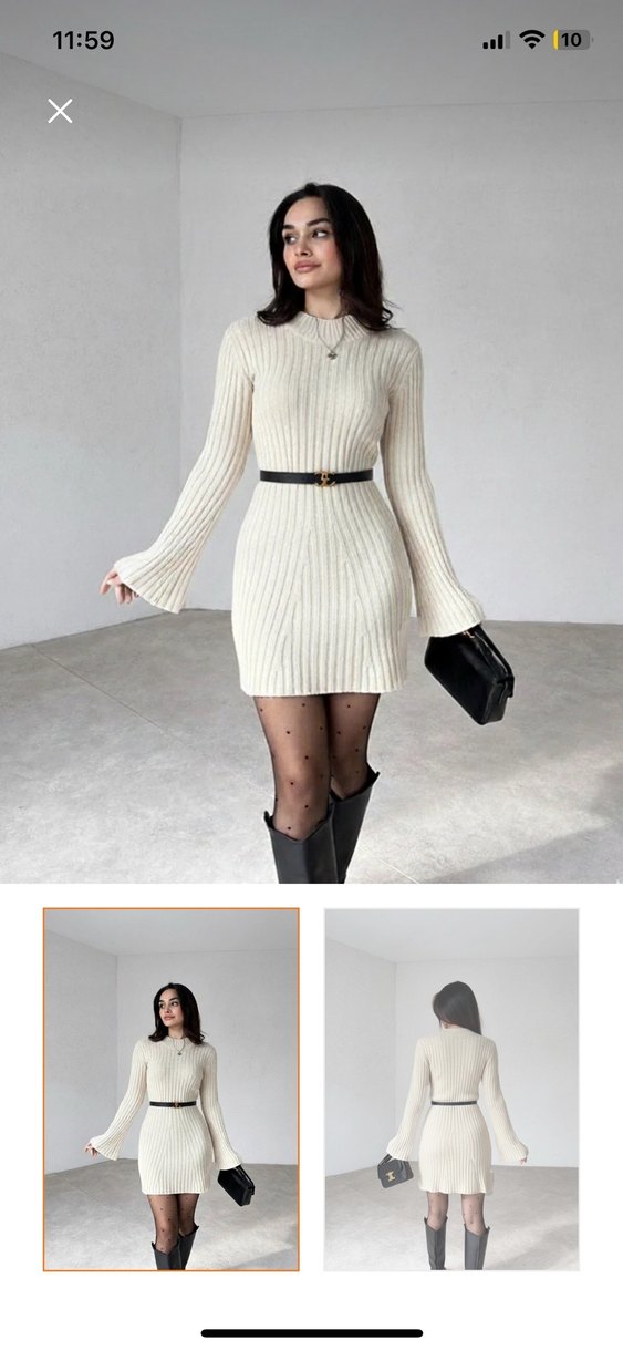 Beyaz Fitilli Midi Triko Elbise - Görsel 2