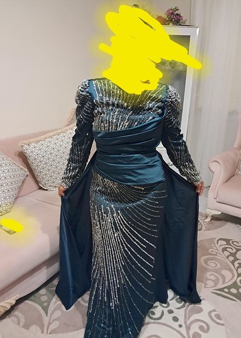 42 Beden siyah Renk Parlak Siyah Uzun Kollu Drapeli Abiye Elbise