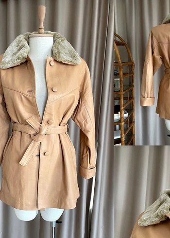 American Vintage Bej Hakiki Deri Vintage Kurklu Deri Ceket