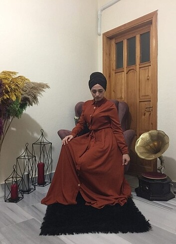 38 Beden Uzun gömlek elbise kiremit rengi