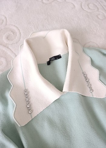 on triko su yeşili Pastel Renkli Yakalı Triko Kadın Kazak - Görsel 4