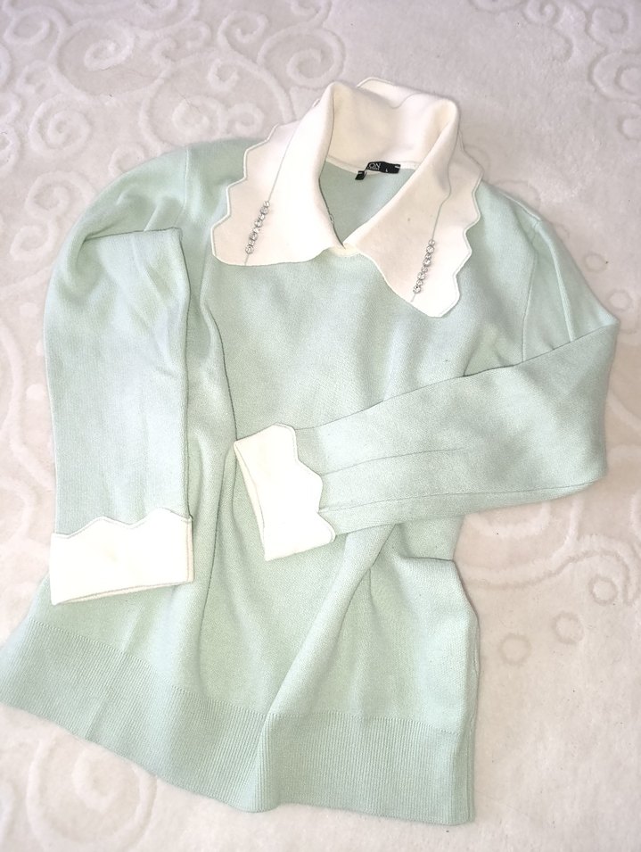 on triko su yeşili Pastel Renkli Yakalı Triko Kadın Kazak - Görsel 3