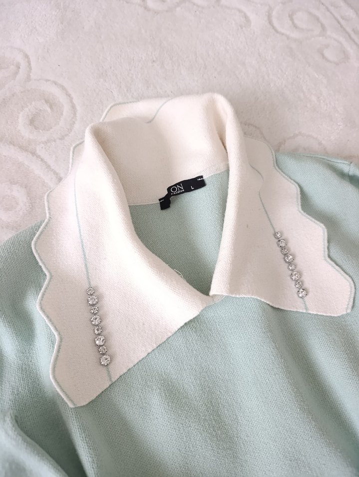 on triko su yeşili Pastel Renkli Yakalı Triko Kadın Kazak - Görsel 4