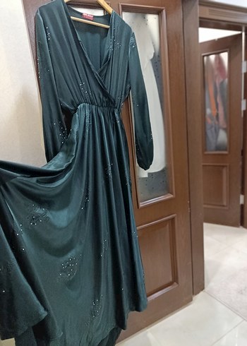 tasarım ördek başı yeşili Drapeli Uzun Abiye Elbise - Görsel 3