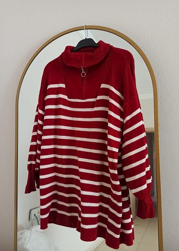 Çizgili Kırmızı Yüksek Yakalı Kadın Triko - Görsel 2