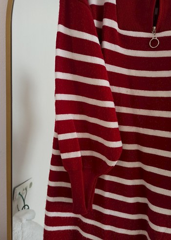 Çizgili Kırmızı Yüksek Yakalı Kadın Triko - Görsel 4
