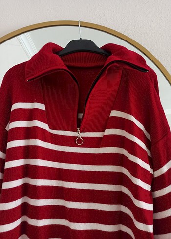 Çizgili Kırmızı Yüksek Yakalı Kadın Triko - Görsel 5