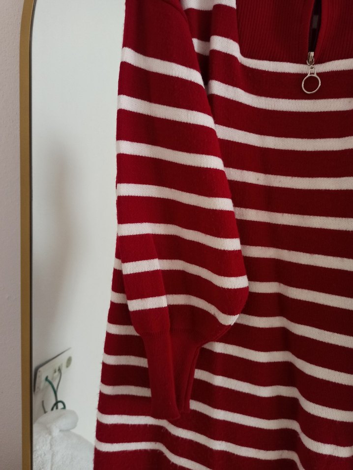 Çizgili Kırmızı Yüksek Yakalı Kadın Triko - Görsel 4