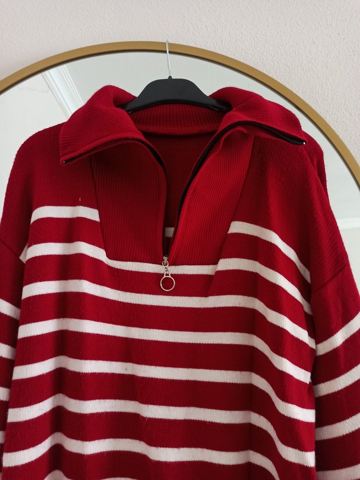 Çizgili Kırmızı Yüksek Yakalı Kadın Triko - Görsel 5