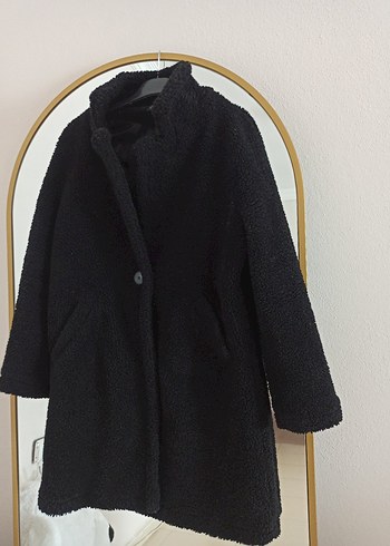 Siyah Peluş Midi Kadın Kaban