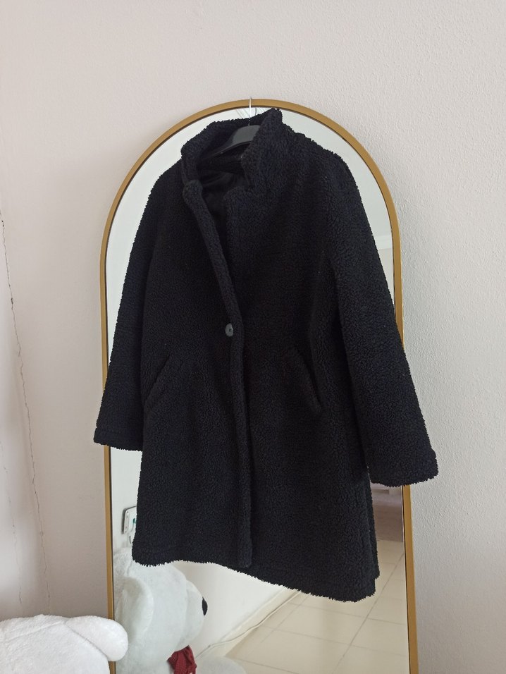 Siyah Peluş Midi Kadın Kaban - Görsel 4