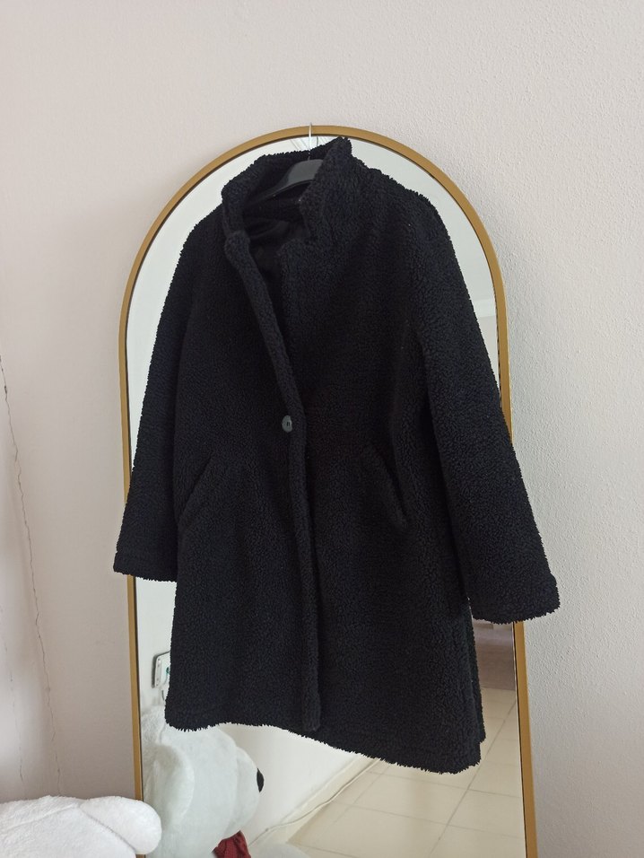 Siyah Peluş Midi Kadın Kaban - Görsel 2