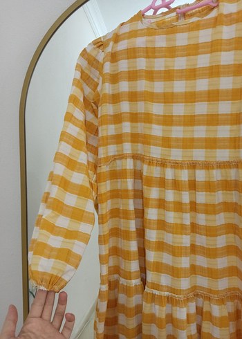 Sarı Ekose Desenli Midi Uzun Kollu Elbise - Görsel 5