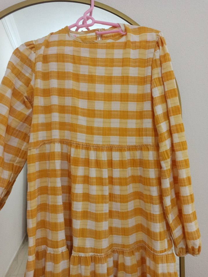 Sarı Ekose Desenli Midi Uzun Kollu Elbise - Görsel 4