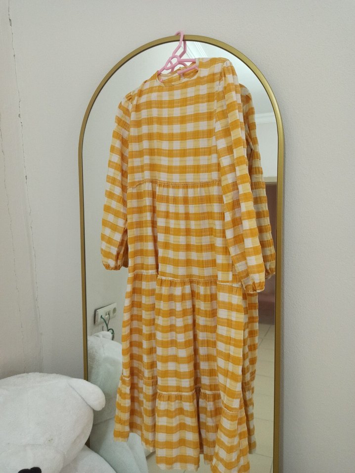 Sarı Ekose Desenli Midi Uzun Kollu Elbise - Görsel 2