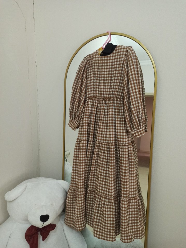 Kareli Pilili Uzun Kadın Elbise - Görsel 2