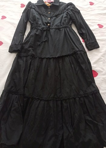 Nakışlı Siyah Uzun Pamuklu Elbise - Görsel 6