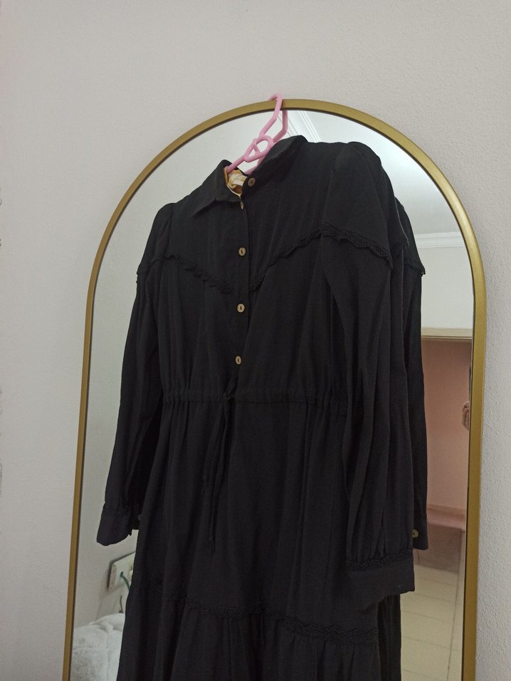 Nakışlı Siyah Uzun Pamuklu Elbise - Görsel 3