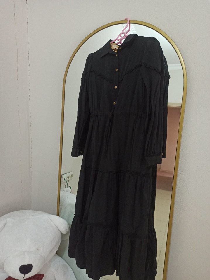 Nakışlı Siyah Uzun Pamuklu Elbise - Görsel 4