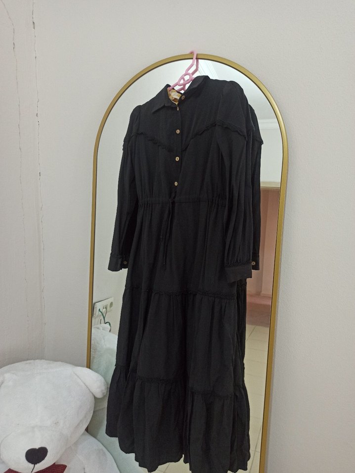 Nakışlı Siyah Uzun Pamuklu Elbise - Görsel 2