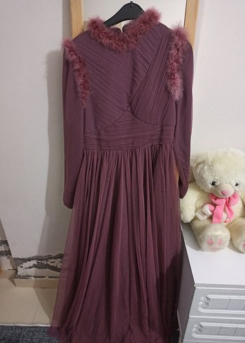 Bordo Uzun Kollu Drapeli Abiye Elbise - Görsel 2