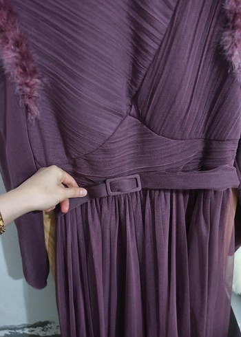 Bordo Uzun Kollu Drapeli Abiye Elbise - Görsel 3