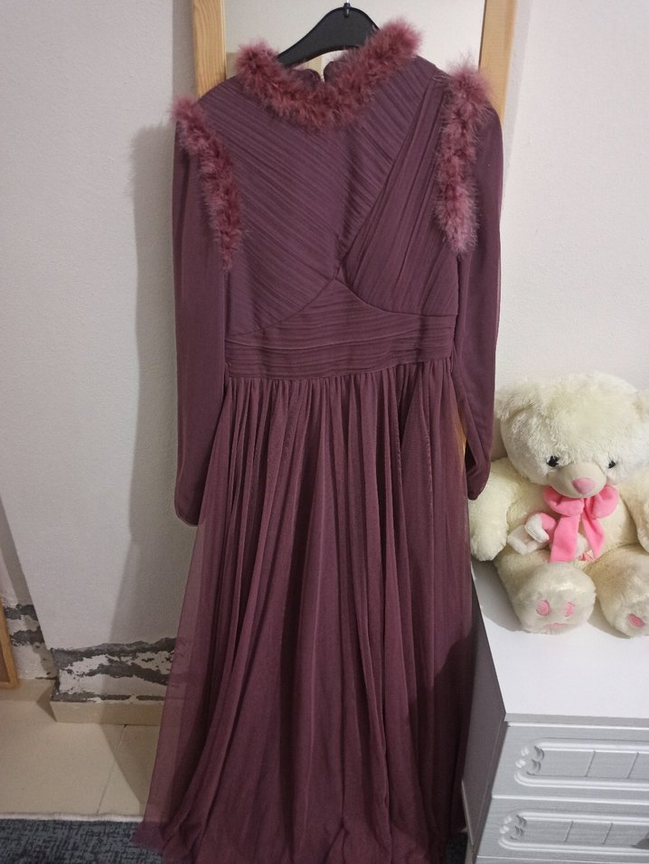 Bordo Uzun Kollu Drapeli Abiye Elbise - Görsel 2