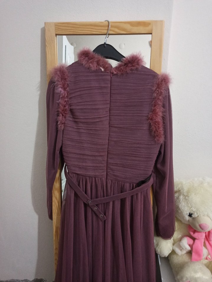 Bordo Uzun Kollu Drapeli Abiye Elbise - Görsel 4